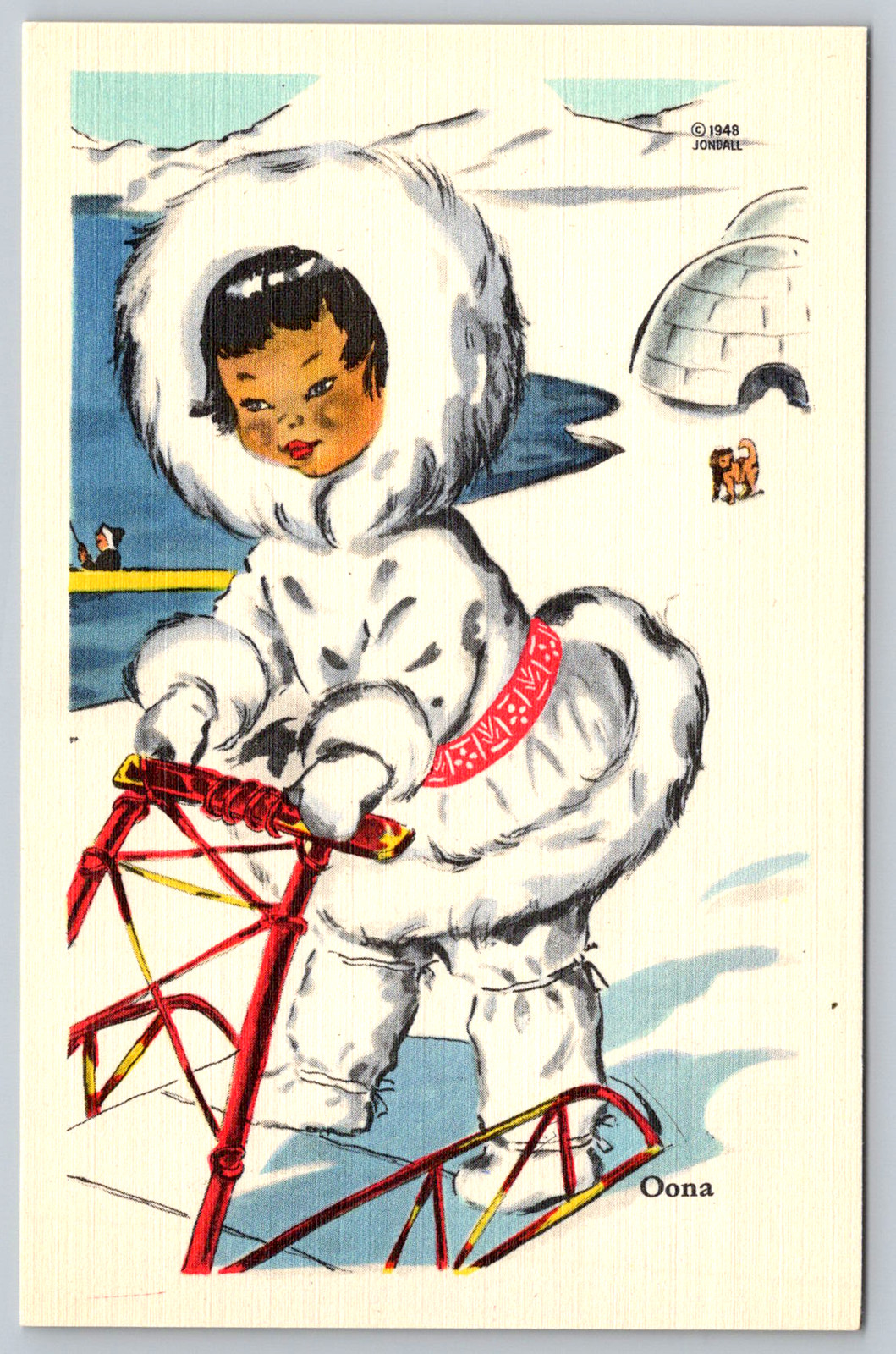 c1940s Oona Eskimo Igloo LA Californian Arctic Art Postcard c1940s Oona Eskimo Igloo LA Californian Arctic Art Postcard