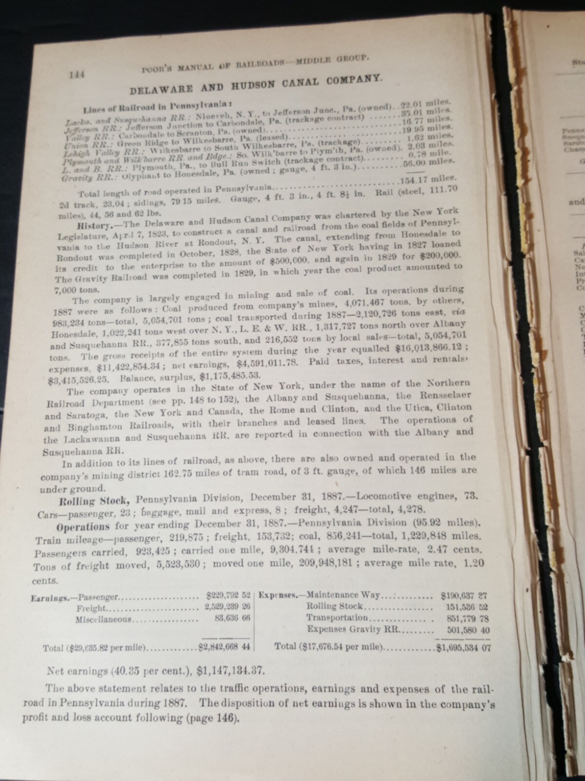 1888 train report DELAWARE & HUDSON CANAL COMPANY All Divisions & leases 8 pages