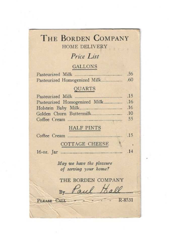 1943 BORDEN'S Company Home Delivery Price List Postcard~Milk Cream CottageCheese 1943 BORDEN'S Company Home Delivery Price List Postcard~Milk Cream CottageCheese