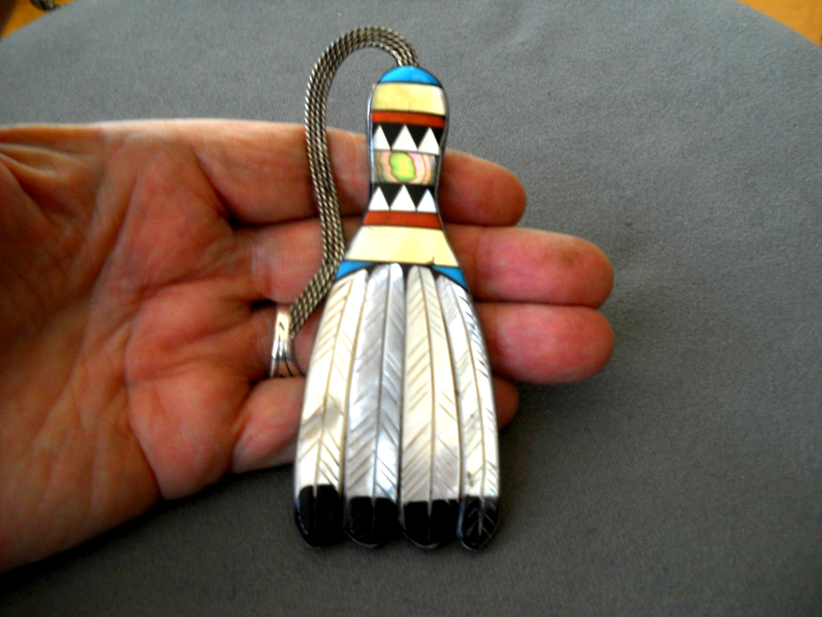 Native American Zuni MultiStone Inlay Sterling Silver Feather Dance Manta Pin 5
