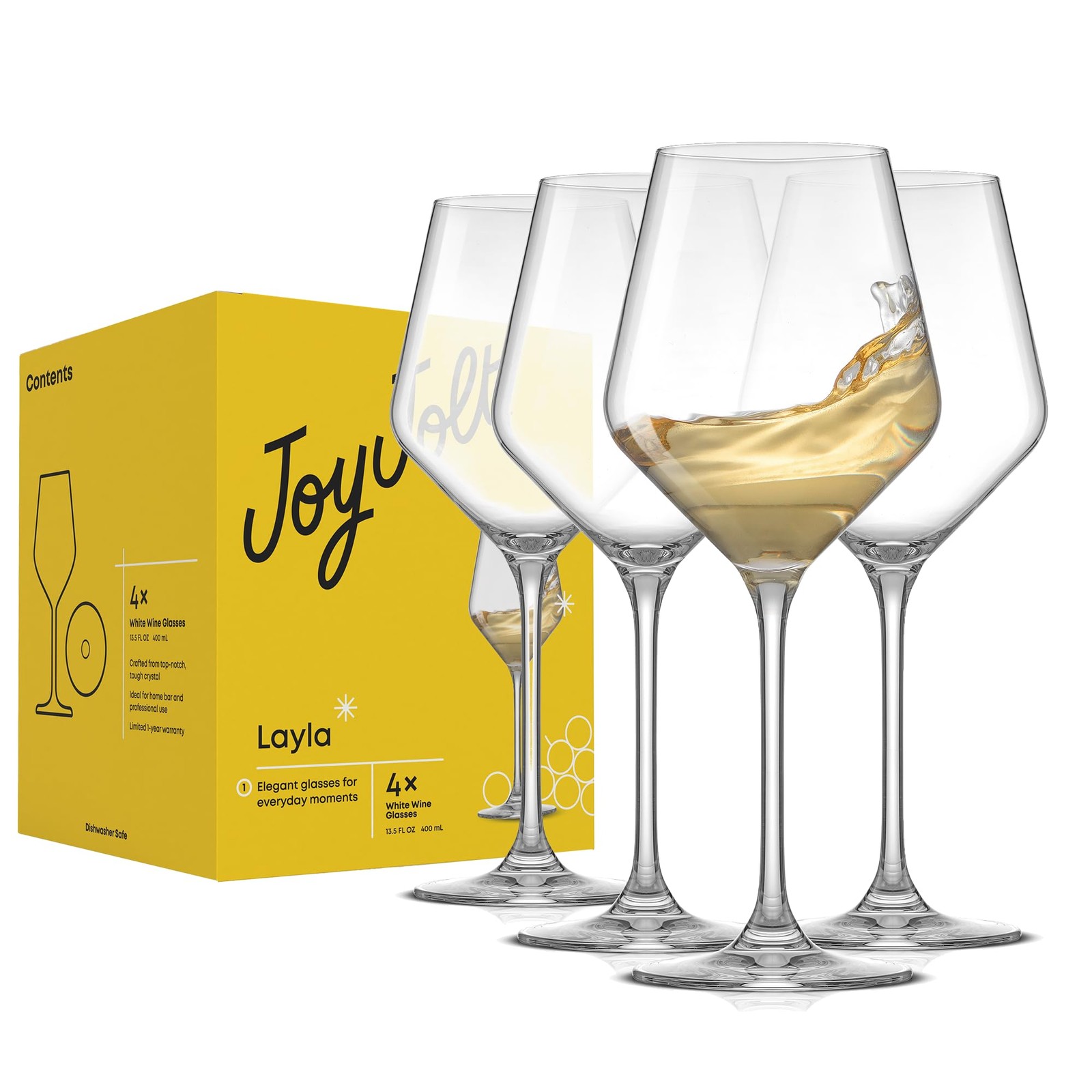 JoyJolt Layla White Wine Glasses, Set of 4 13.5 Oz, Clear Glasses JoyJolt Layla White Wine Glasses, Set of 4 13.5 Oz, Clear Glasses