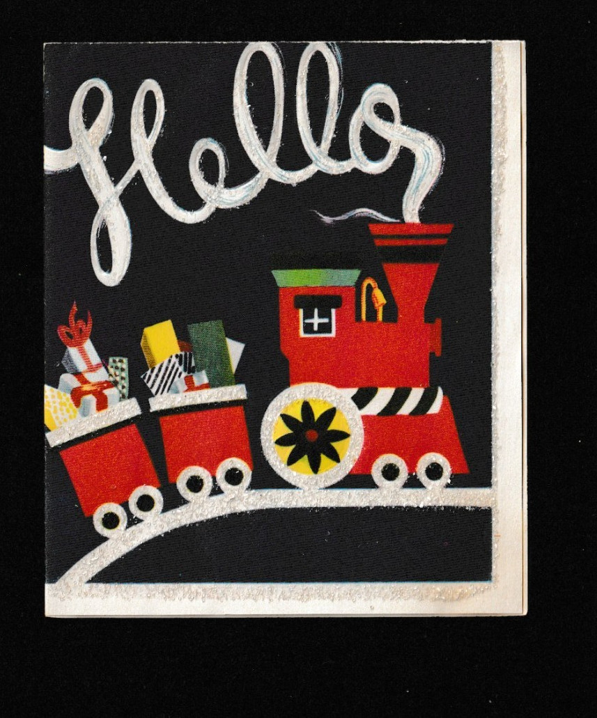 Vtg 50s Christmas Card NOS Mica Glitter Hello Train Carrying Presents Vtg 50s Christmas Card NOS Mica Glitter Hello Train Carrying Presents