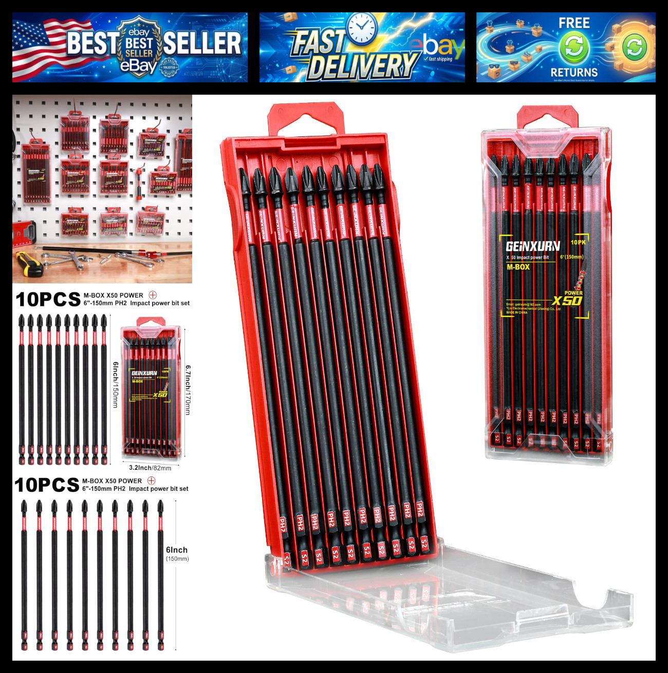 Impact Tough 6 in. #2 Phillips Screwdriver Bits Set,10 Pack Magnetic S2 Steel PH