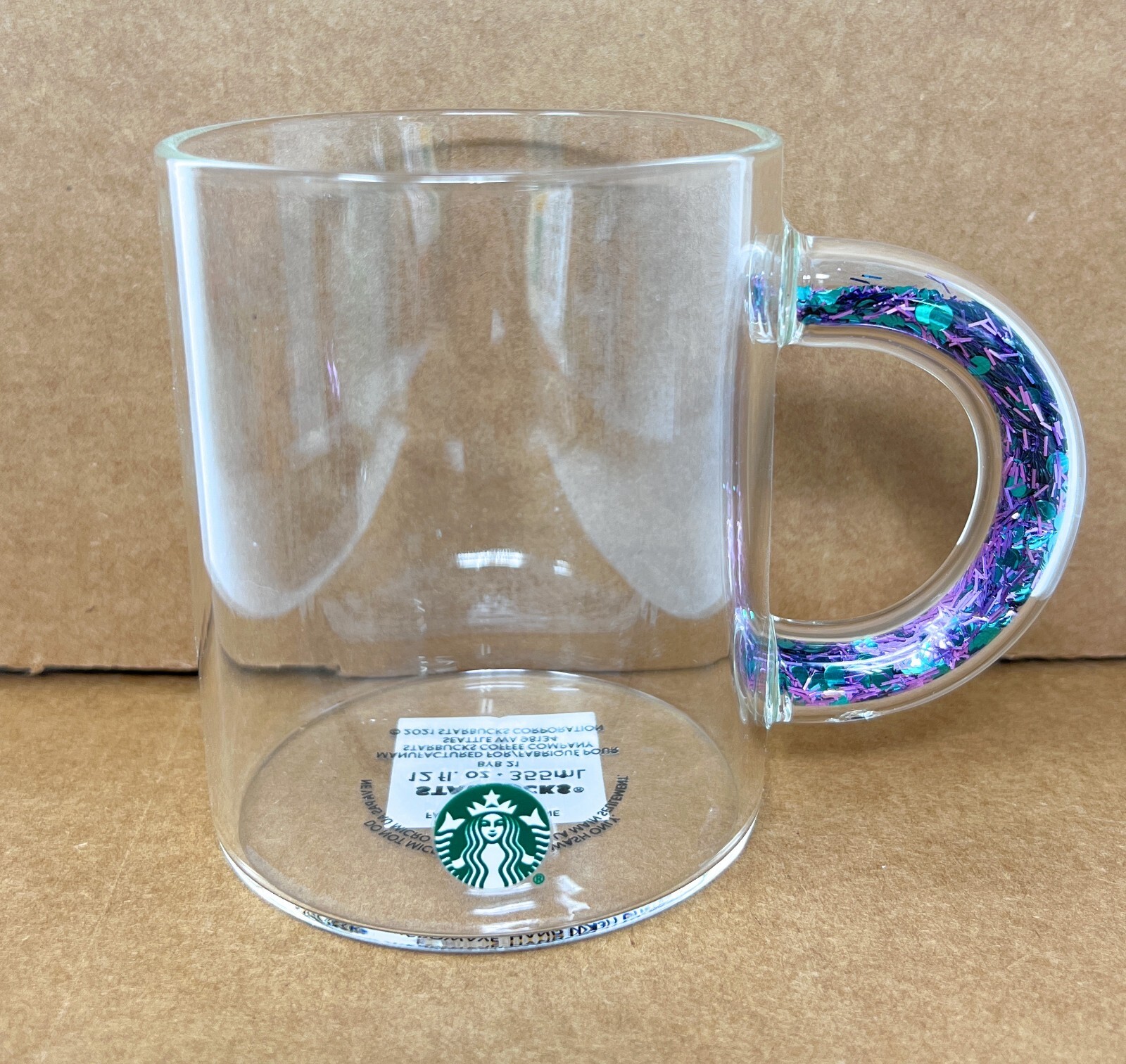 Starbucks Confetti Glitter Glass Mug Handle Teal/Purple 12 oz, NWT