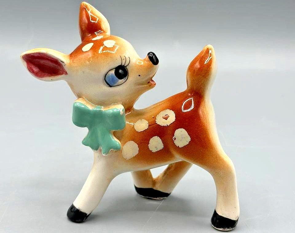 Vtg 1950s Japan Ceramic Big Eyes Fawn Deer Figurine Kitsch Blue Bow Bambi MCM Vtg 1950s Japan Ceramic Big Eyes Fawn Deer Figurine Kitsch Blue Bow Bambi MCM