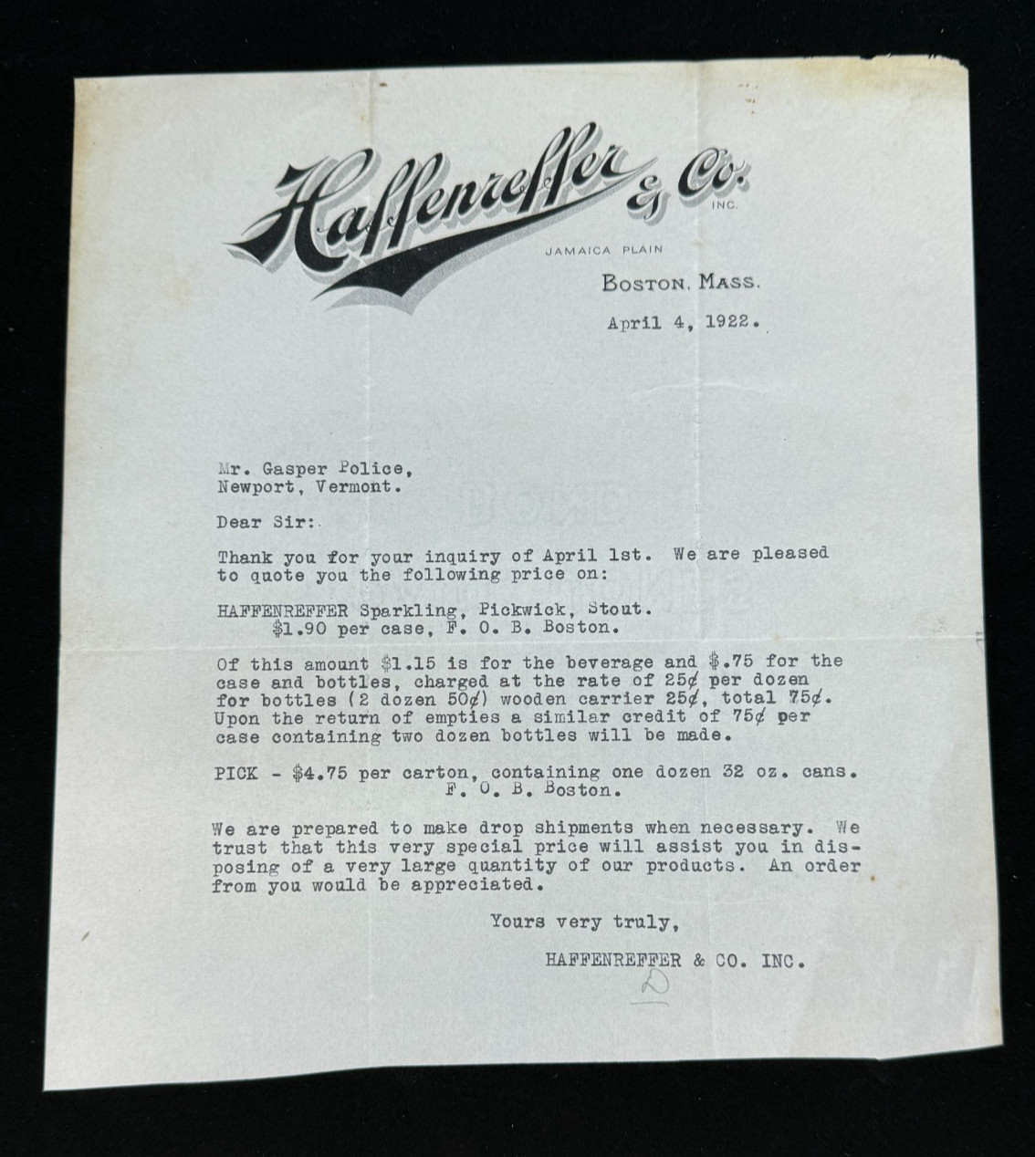 Original 1922 Haffenreffer & Co Brewery Letter Sparkling Pickwick Stout Beer Original 1922 Haffenreffer & Co Brewery Letter Sparkling Pickwick Stout Beer