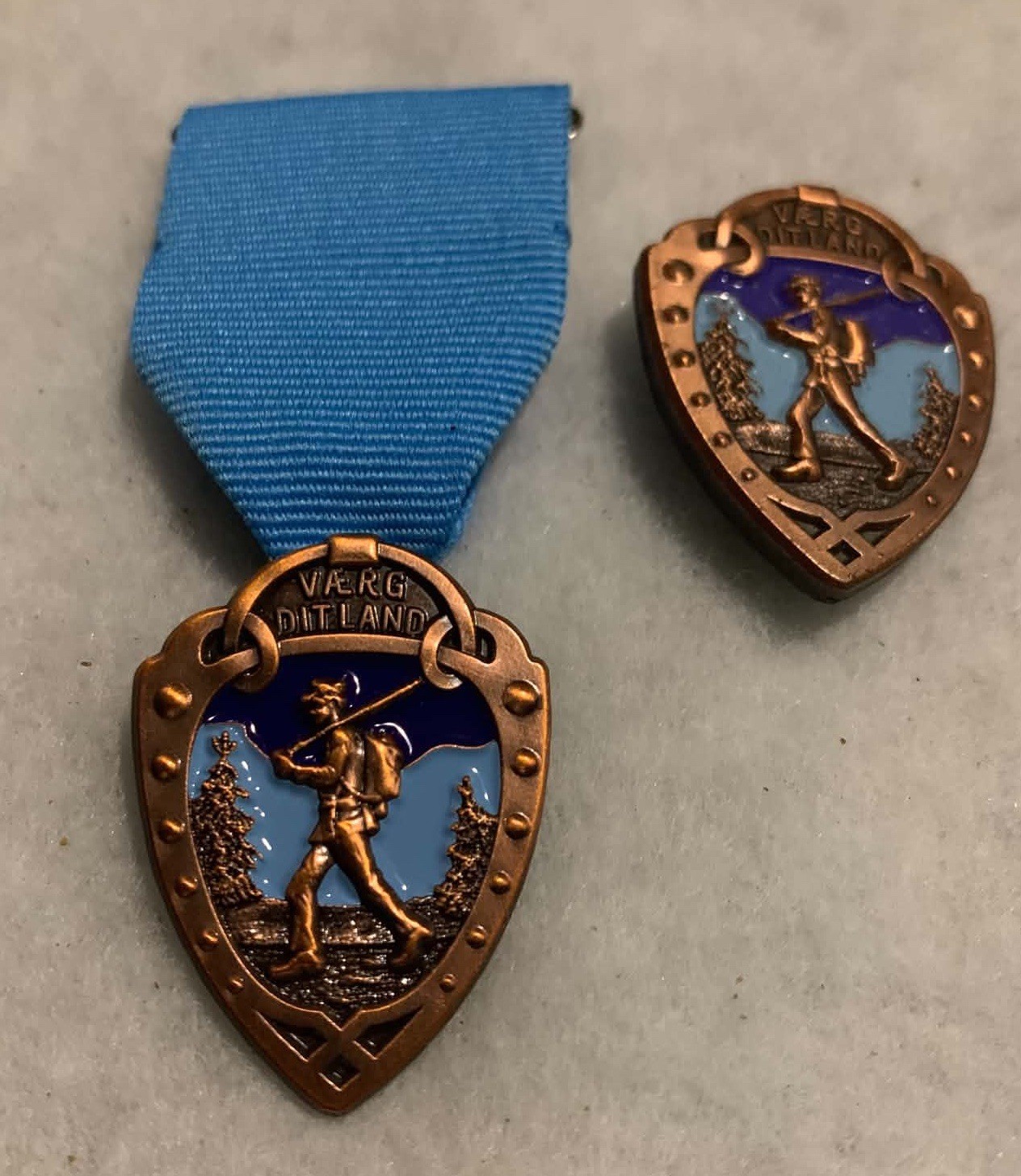Norway Foot March (Marsjmerket) Badge + Medal 1 1/2 Inch  (Bronze) Set Rare.