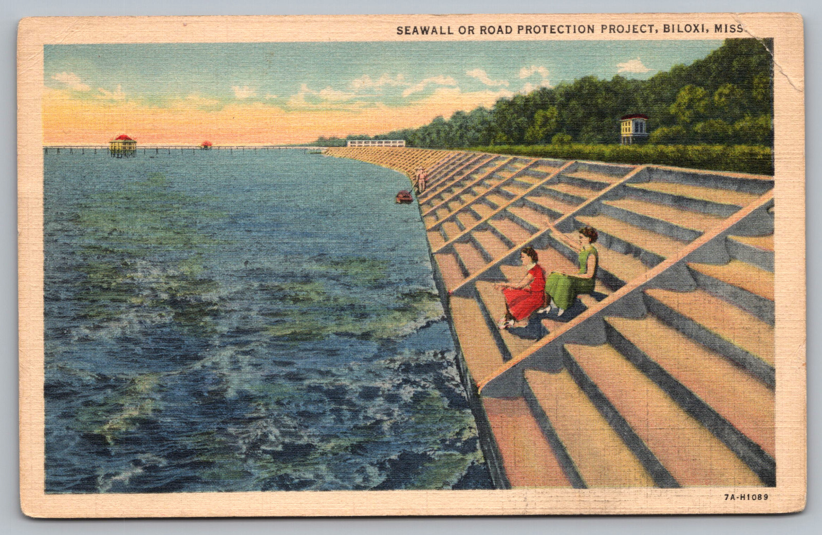 Postcard MS Seawall or Road Protection Project in Biloxi, Mississippi c1940