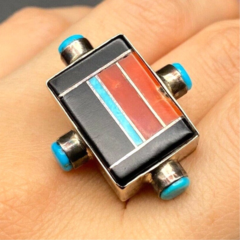 Vintage Zuni Native Edaakie Turquoise Coral Inlay Silver Ring Size 9