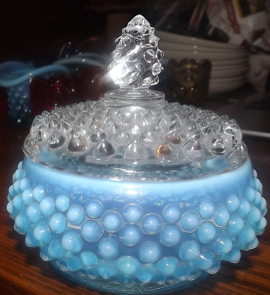 Fenton Blue Opalescent Hobnail Powder Dish