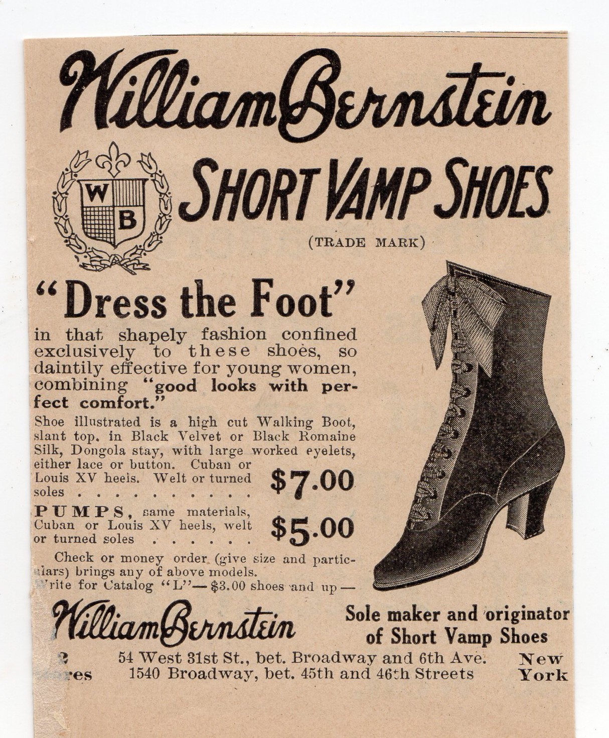 1910 William Bernstein Short Vamp Shoes Edwardian Women's Walking Boots NYC
