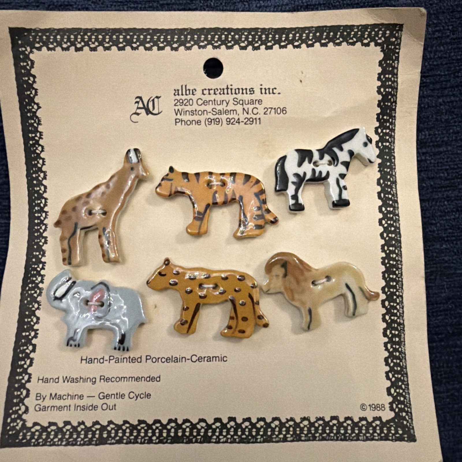 Vintage 1988 Albe Creations Hand-Painted Ceramic Safari Animal Buttons NOS Card