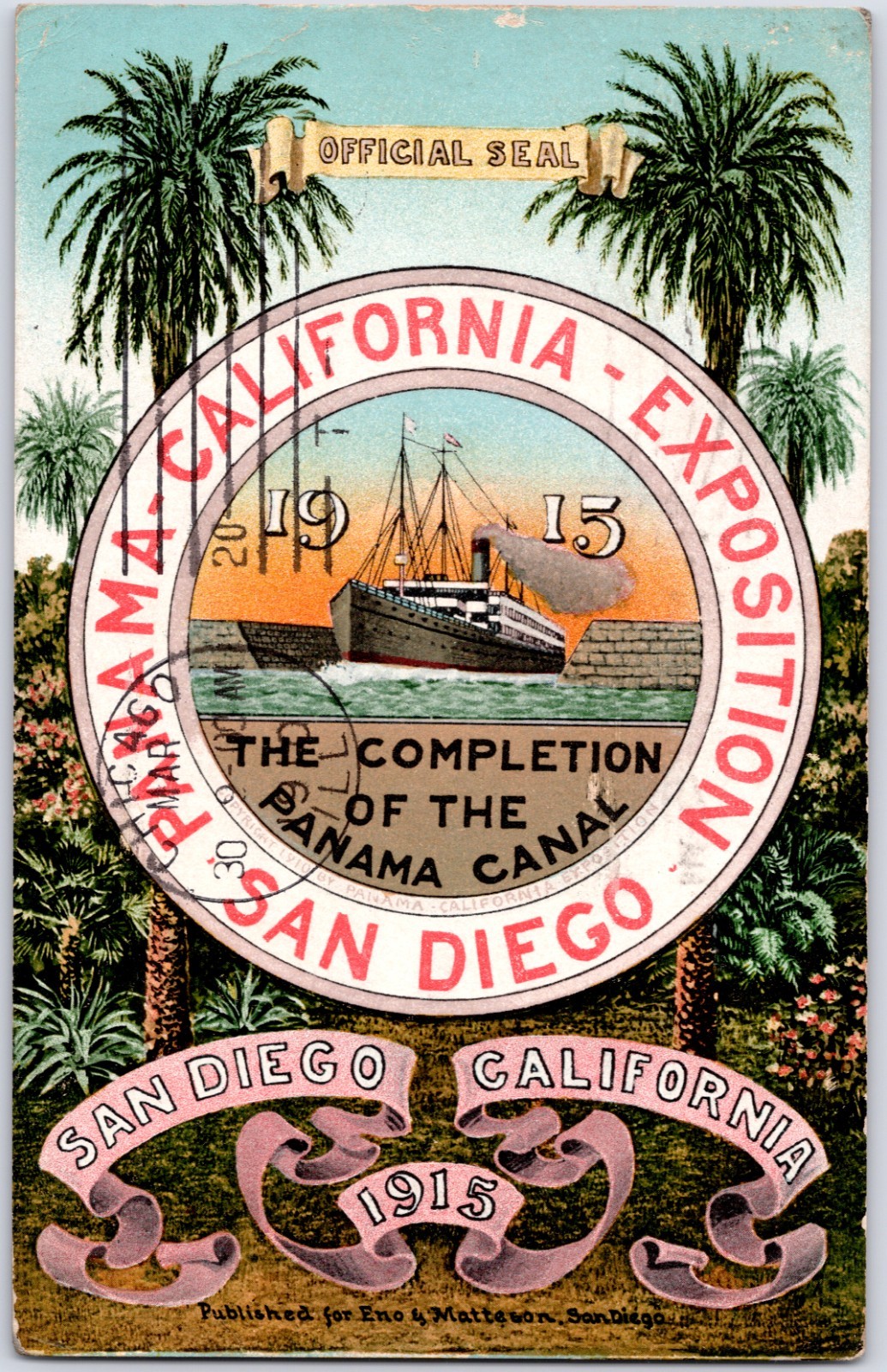 VINTAGE 1910 SAN DIEGO 1915 PANAMA CALIFORNIA EXPO OFFICIAL SEAL POSTCARD OV