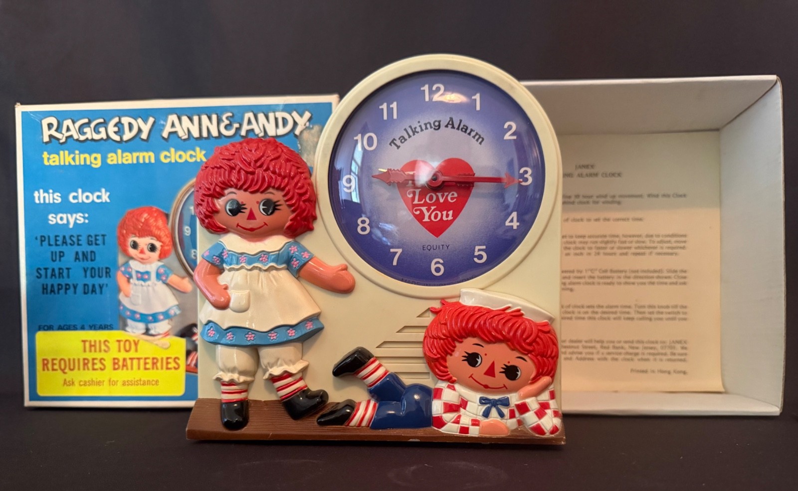 Raggedy Ann & Andy Vintage Janex Alarm Clock Keeps Time Alarm Not Functional