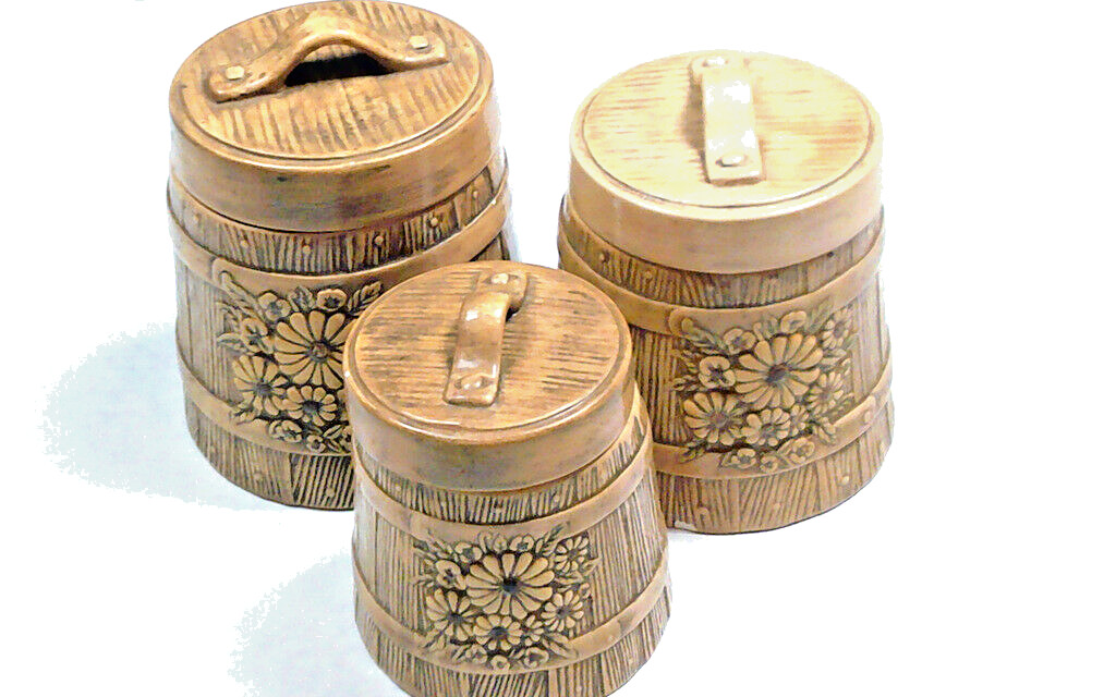 Vintage 1970s Set 3 Ceramic Canisters Kitchen Cookie Jars Cottage Rustic Tan