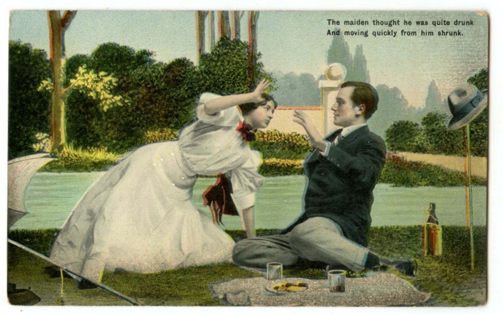 Temperance Anti-Drinking Postcard Woman Shuns Drunk 2-line poem Pre-Prohibition
