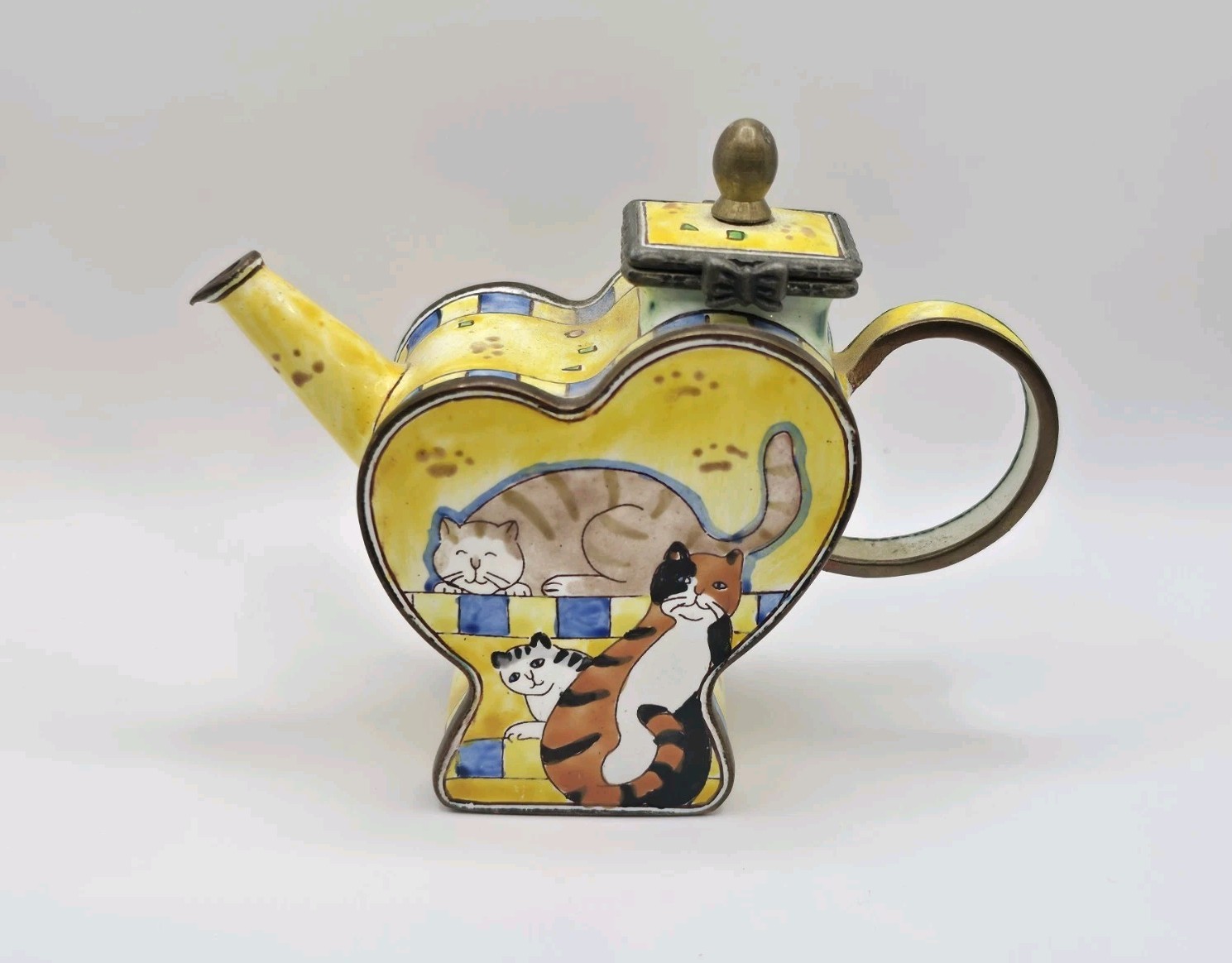 Vintage 2000 Kelvin Chen 3 Cats Heart Enamel Copper Mini Teapot #886