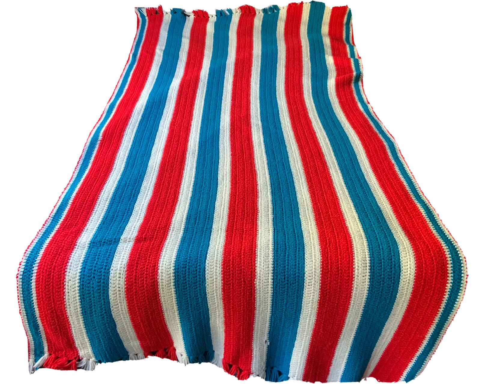 Vintage Handcrafted Crocheted Afghan Blanket Red White Blue Stripes Fringe 80x40