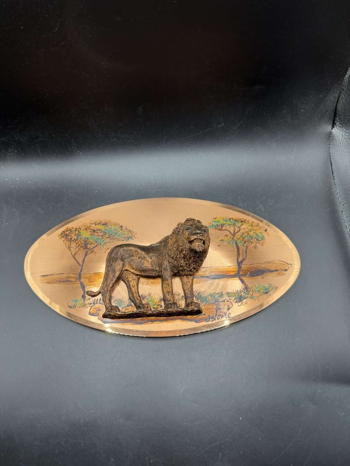 Vintage Castone Copper Oval Wall Plaque Male Lion 3D Resin Safari Wildlife