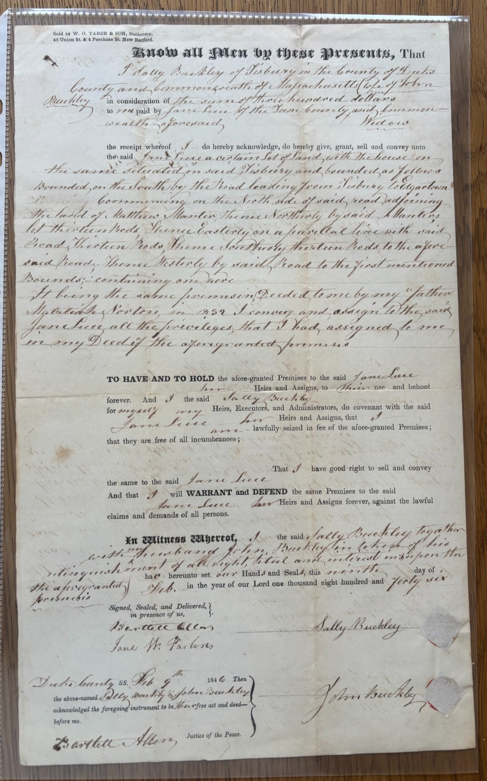 1846 MARTHAS VINEYARD LAND DEED TISBURY SALLY & JOHN BUCKLEY TO JANE LUCE signed