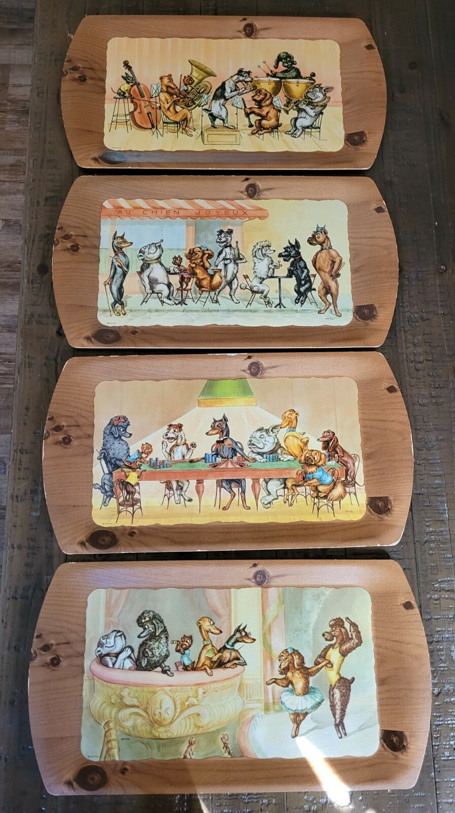 Vintage 1954 Antique Lot of 4 Wood Dog Trays Kentley Opitz Art TV Dinner RV Tray