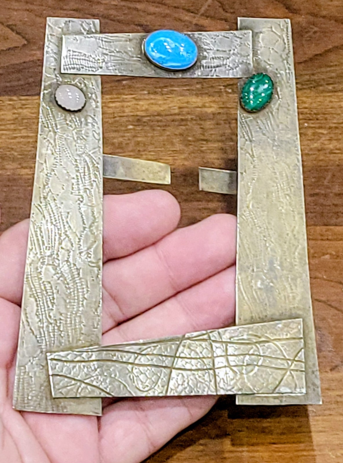 Small Vintage Modernist Brutalist Alpaca Frame w Turquoise, Malachite, Moonstone Small Vintage Modernist Brutalist Alpaca Frame w Turquoise, Malachite, Moonstone