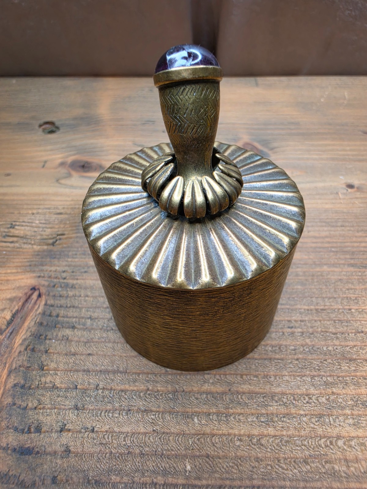 Rare, vintage round brass lidded trinket box with ribbed.