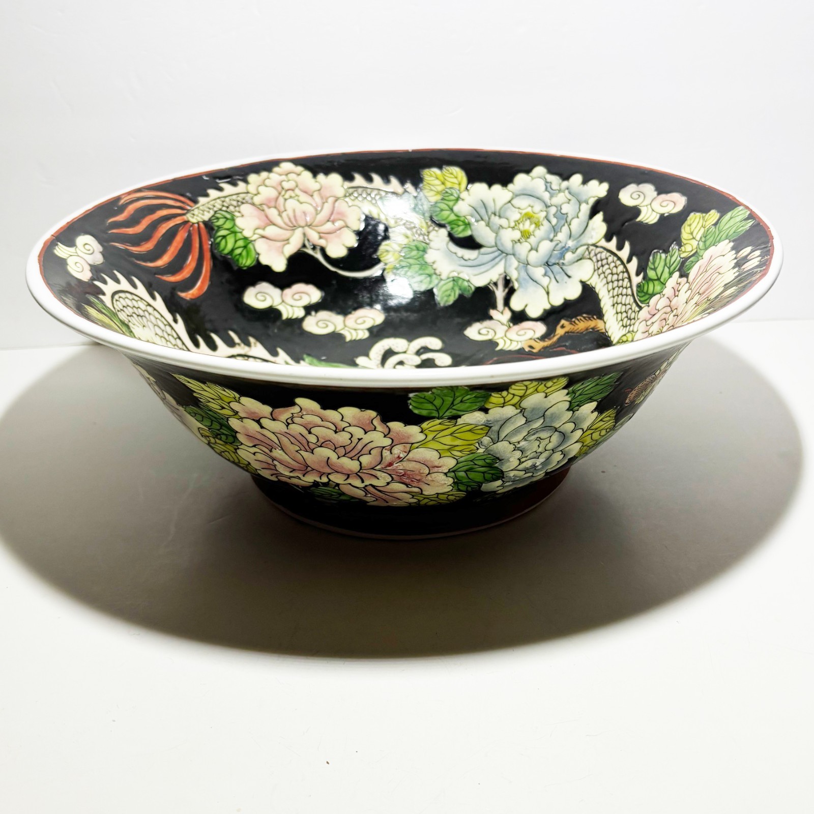 Handpainted Black Chinese Dragon Lotus Flower Porcelain Bowl Embossed 13\