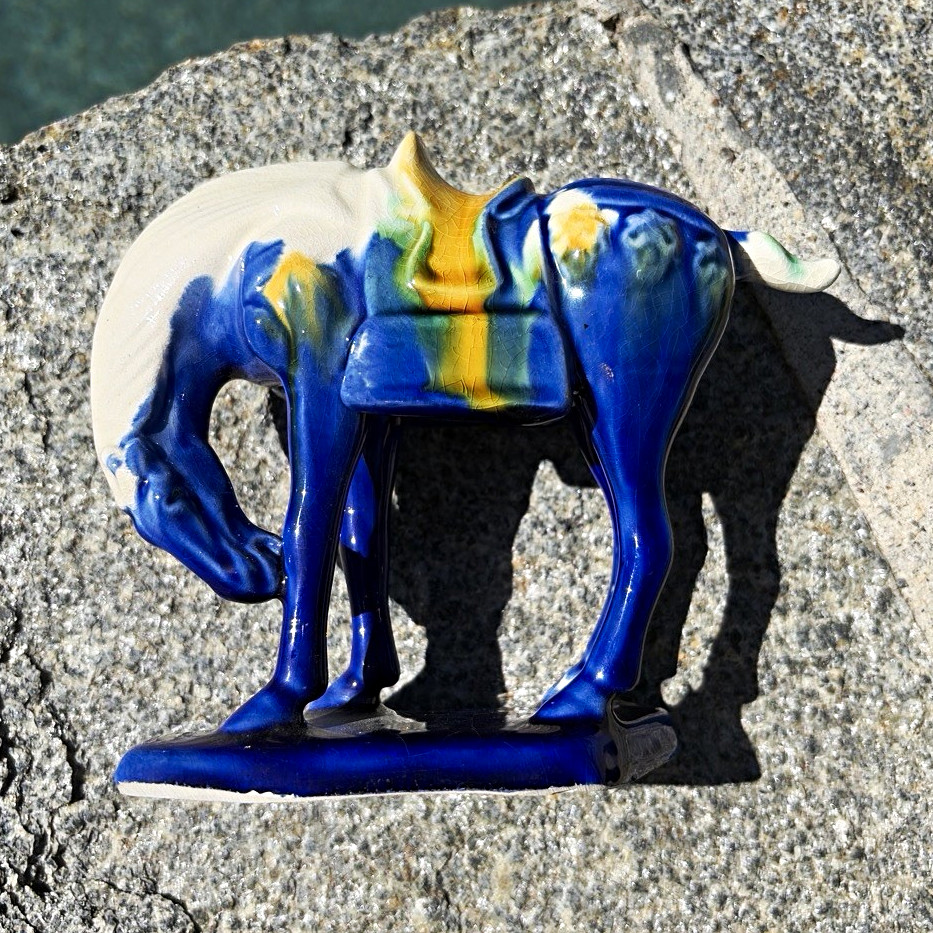 Vintage Chinese Tang Dynasty Style Sancai Cobalt Blue Glaze Ceramic War Horse