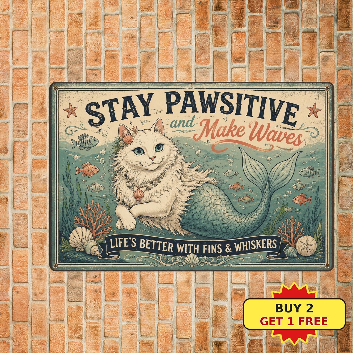 Purrmaid Cat Sea Fish Mermaid Whimsical Fantasy Ocean Metal Tin Sign Plaque