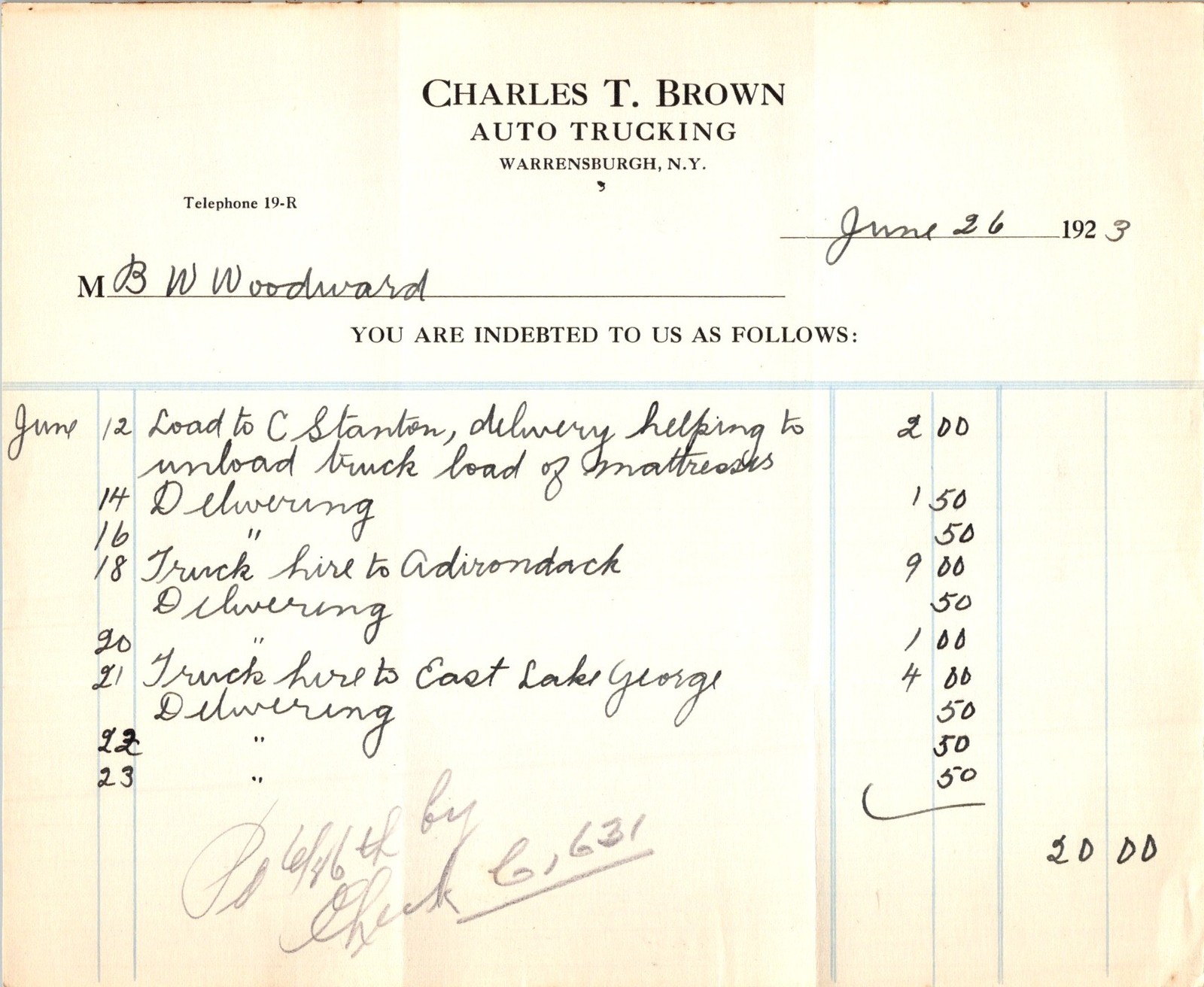 1923 Charles T. Brown Trucking Invoice Warrensburgh NY Blue Ledger Lines 1923 Charles T. Brown Trucking Invoice Warrensburgh NY Blue Ledger Lines
