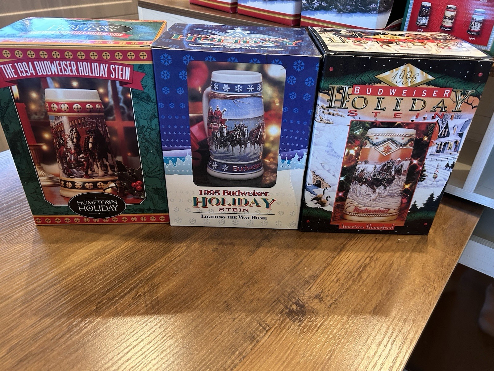 1994-1995-1996  Budweiser Holiday Stein in Boxes - Lot of 3