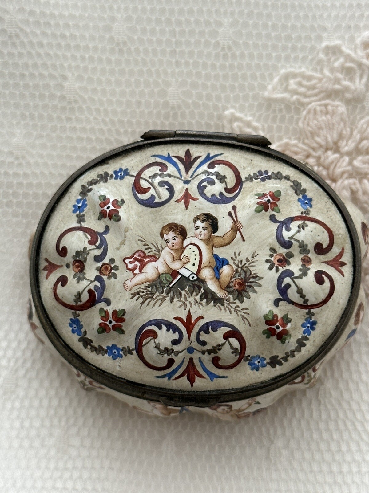Antique Viennese Enamel Box Austrian Cover Depicts putti Roses Copper Gilt 19th Antique Viennese Enamel Box Austrian Cover Depicts putti Roses Copper Gilt 19th