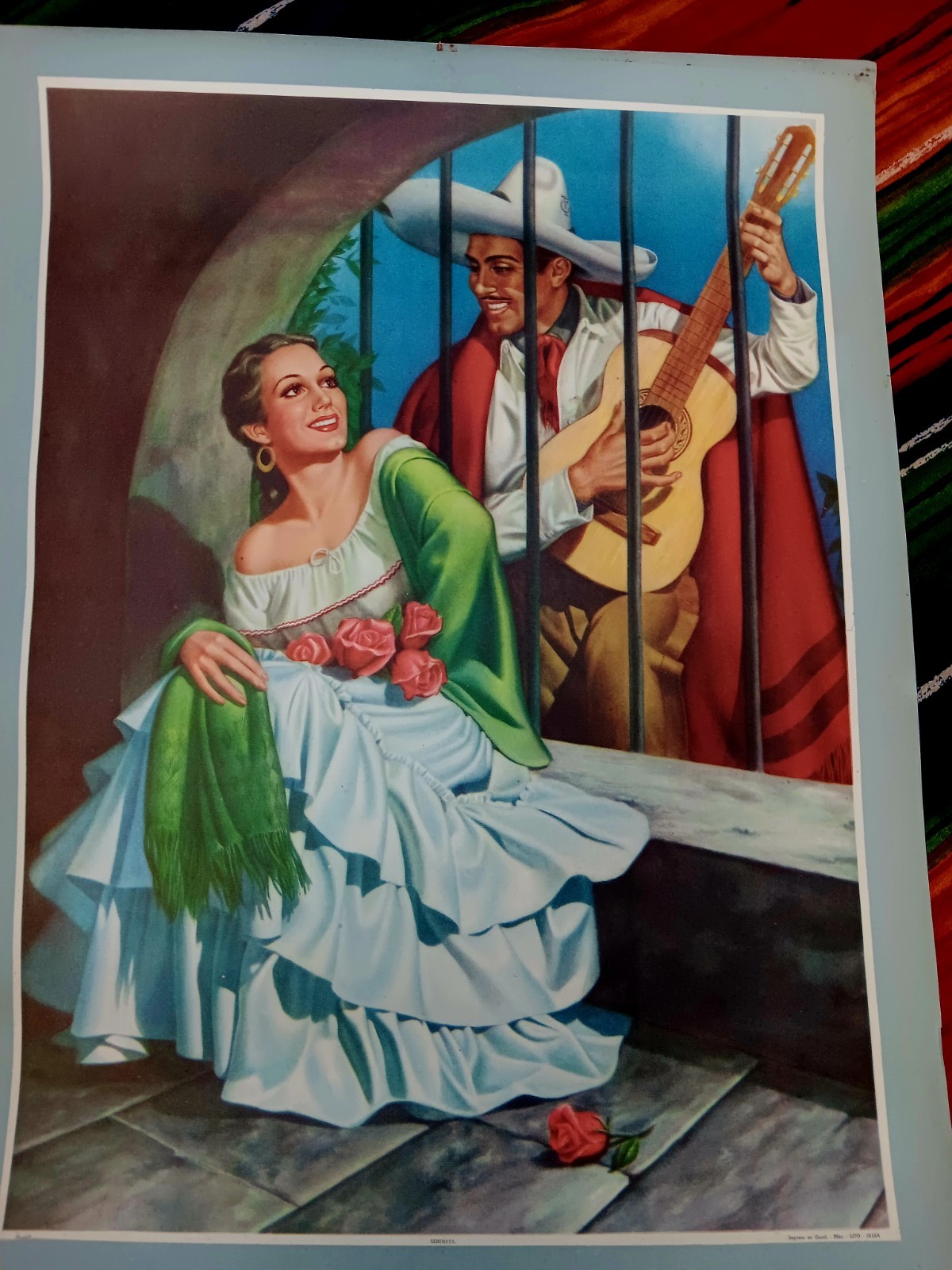 Rare Vintage Mexican calendar art Serenada, lovers guitar serenade  1940