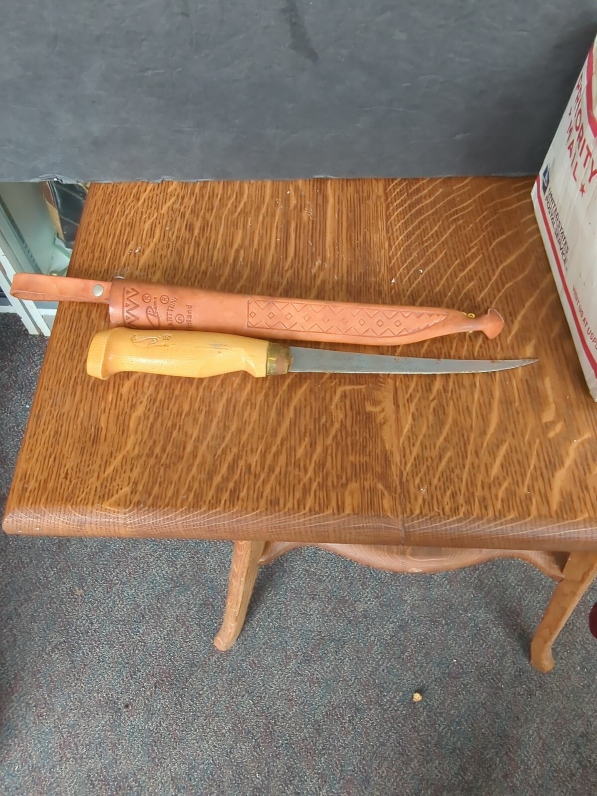 Vintage J Martini Finland Fishing Filet Knife Signed Blade Leather Sheath