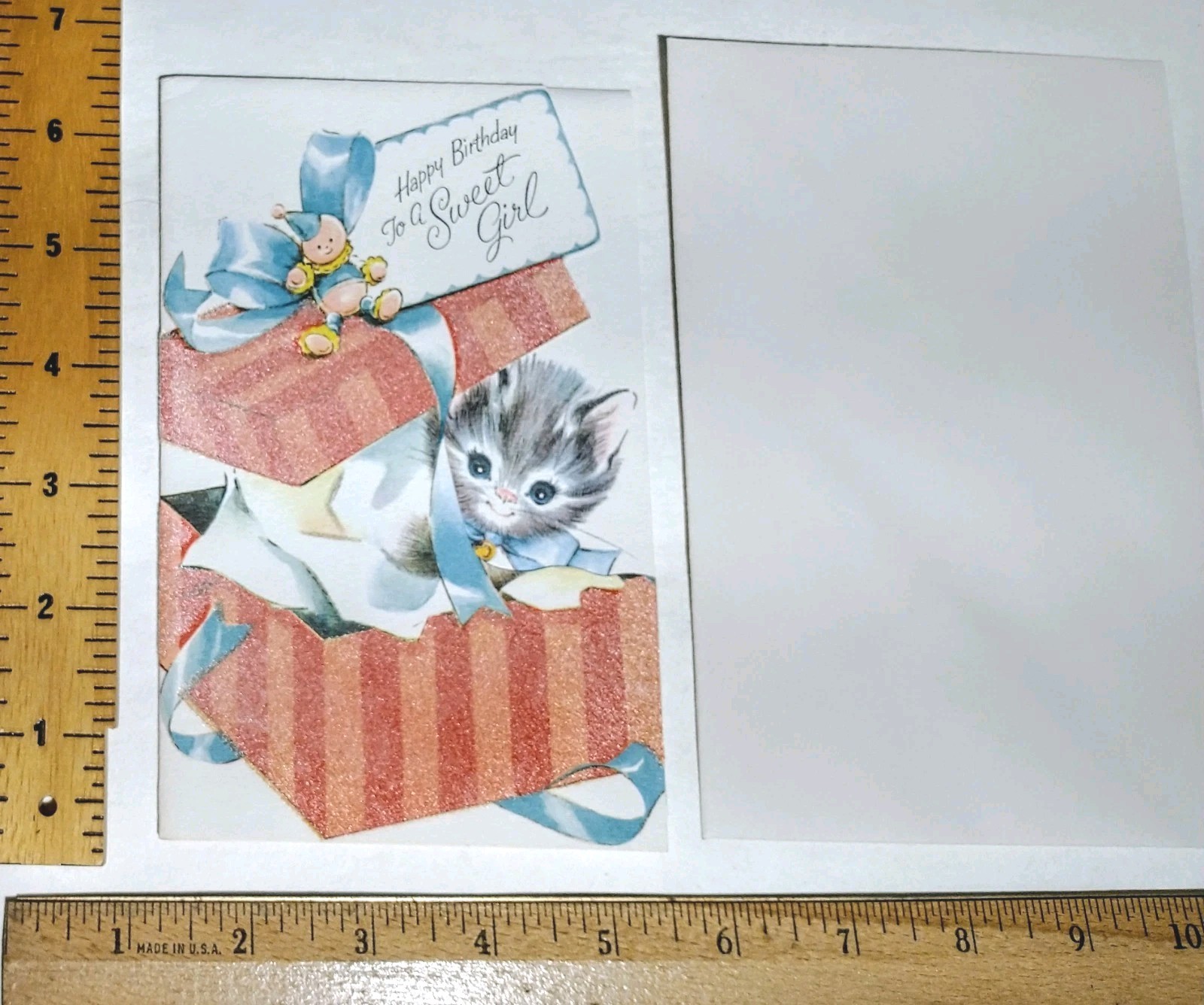 1 Vintage Birthday Greeting Card Kitten 1940s w Env UNUSED Glitter & Flocking