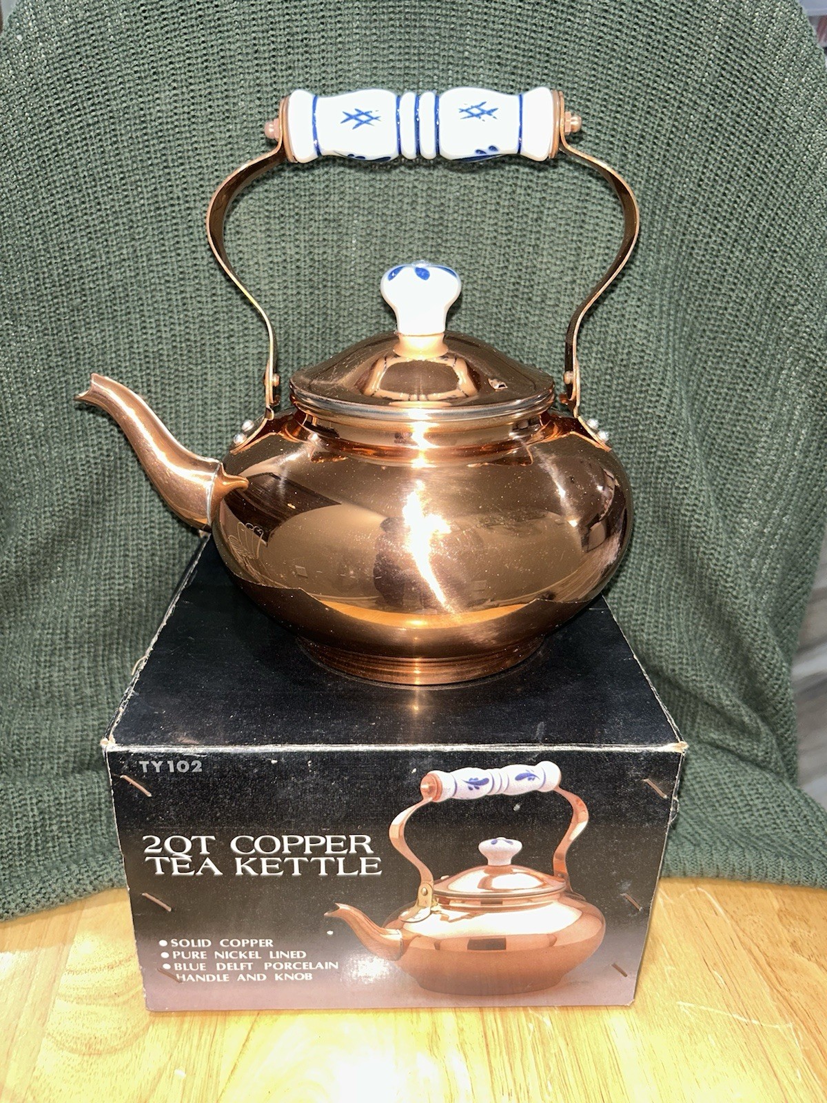 Vintage Tayee 2QT Copper Nickel Lined Tea Kettle Porcelain Handle & Knob (NOS)