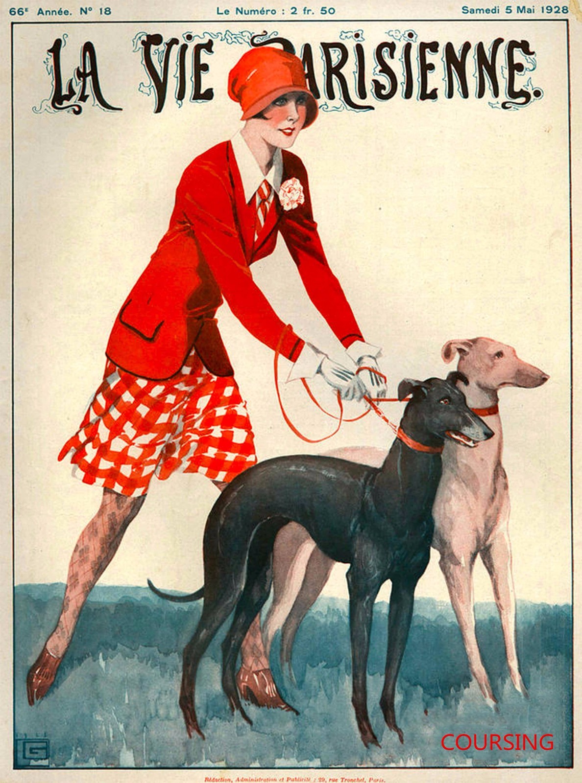 1928 La Vie Parisienne French Greyhound Dogs France Travel Advertisement Poster 1928 La Vie Parisienne French Greyhound Dogs France Travel Advertisement Poster
