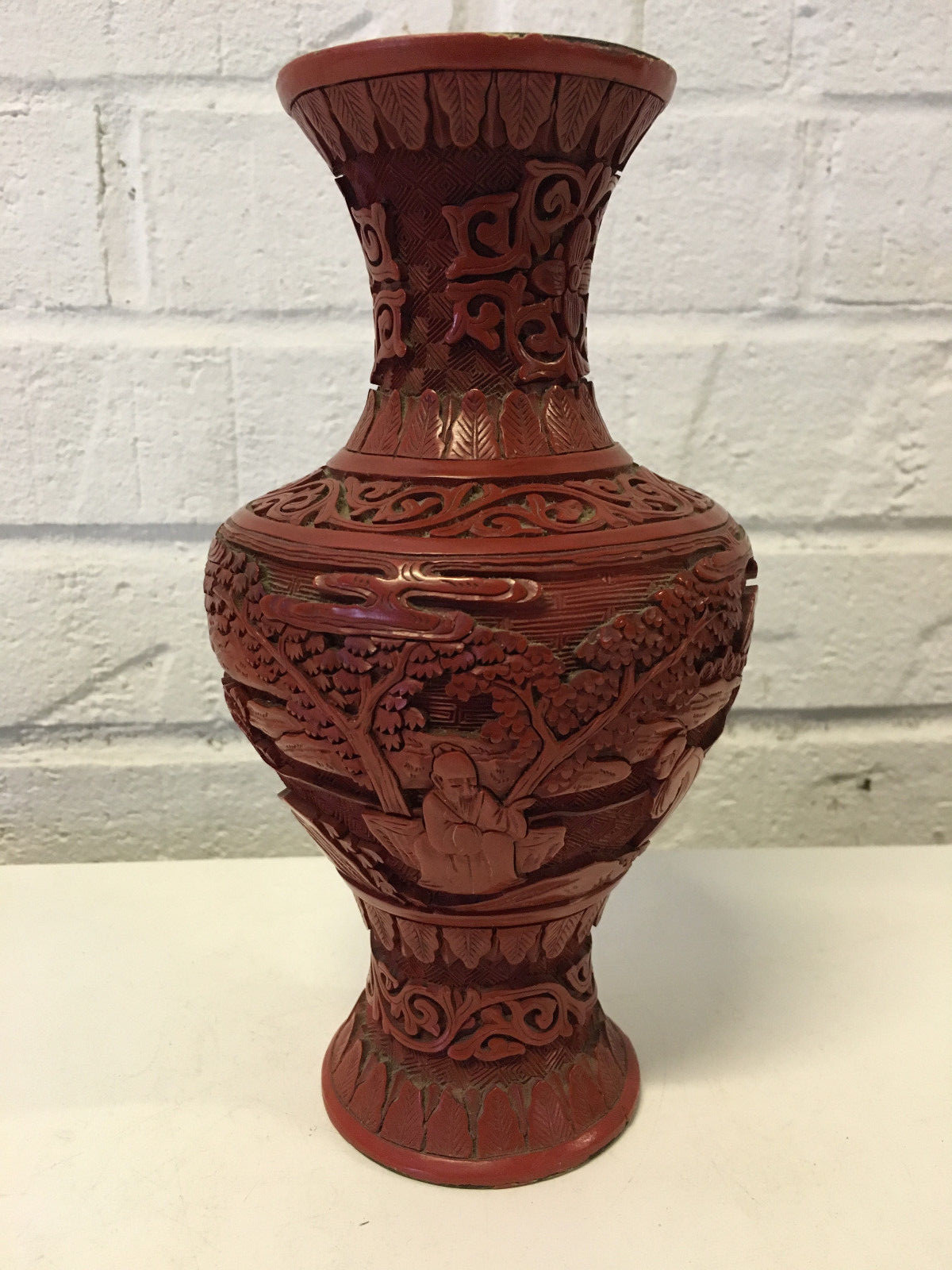 Vintage Antique Chinese Republic Period Cinnabar Vase w/ Immortal or Sage Dec. Vintage Antique Chinese Republic Period Cinnabar Vase w/ Immortal or Sage Dec.