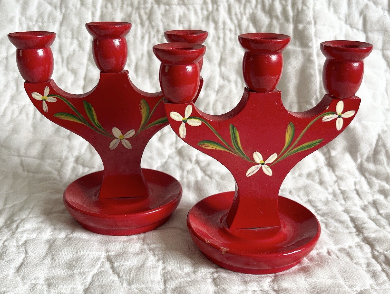x2 Vintage Swedish Hand Painted Red Wood Mini Candle Holder Candelabra Folk Art