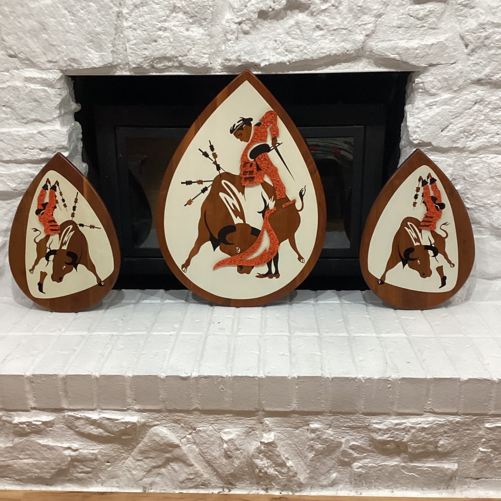 Vintage 60's Iconic MID CENTURY Modern BELART BULLFIGHTER Wood WALL ART PLAQUES