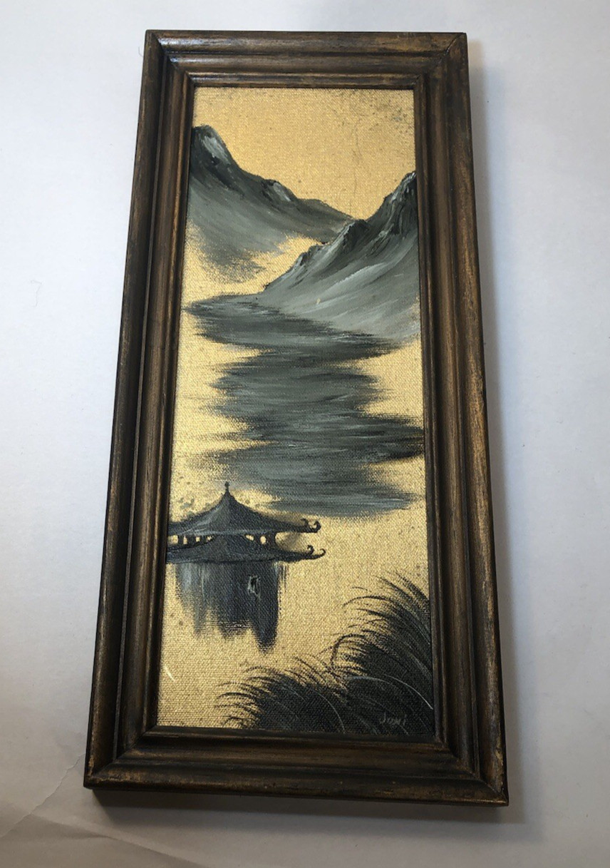 VTG Japanese Vertical Framed landscape Gold Tone Background painting VTG Japanese Vertical Framed landscape Gold Tone Background painting