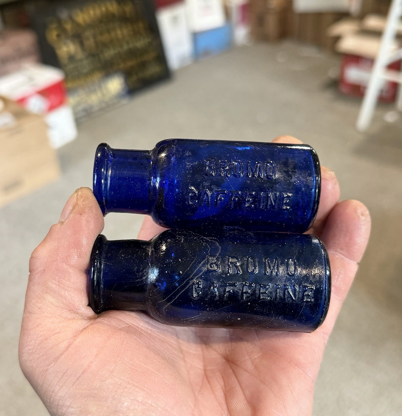 Pair Of Bromo Caffeine Blown Cobalt Blue Medicine Bottles Ambler PA 1890s Era Pair Of Bromo Caffeine Blown Cobalt Blue Medicine Bottles Ambler PA 1890s Era