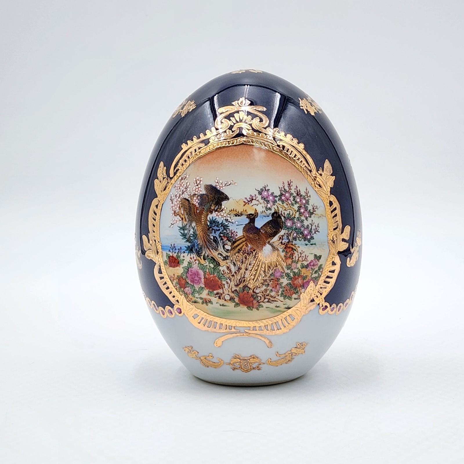 Vintage Limoges Cobalt Porcelain Egg Gold Gilt Pheasant Cherry Blossom Scene