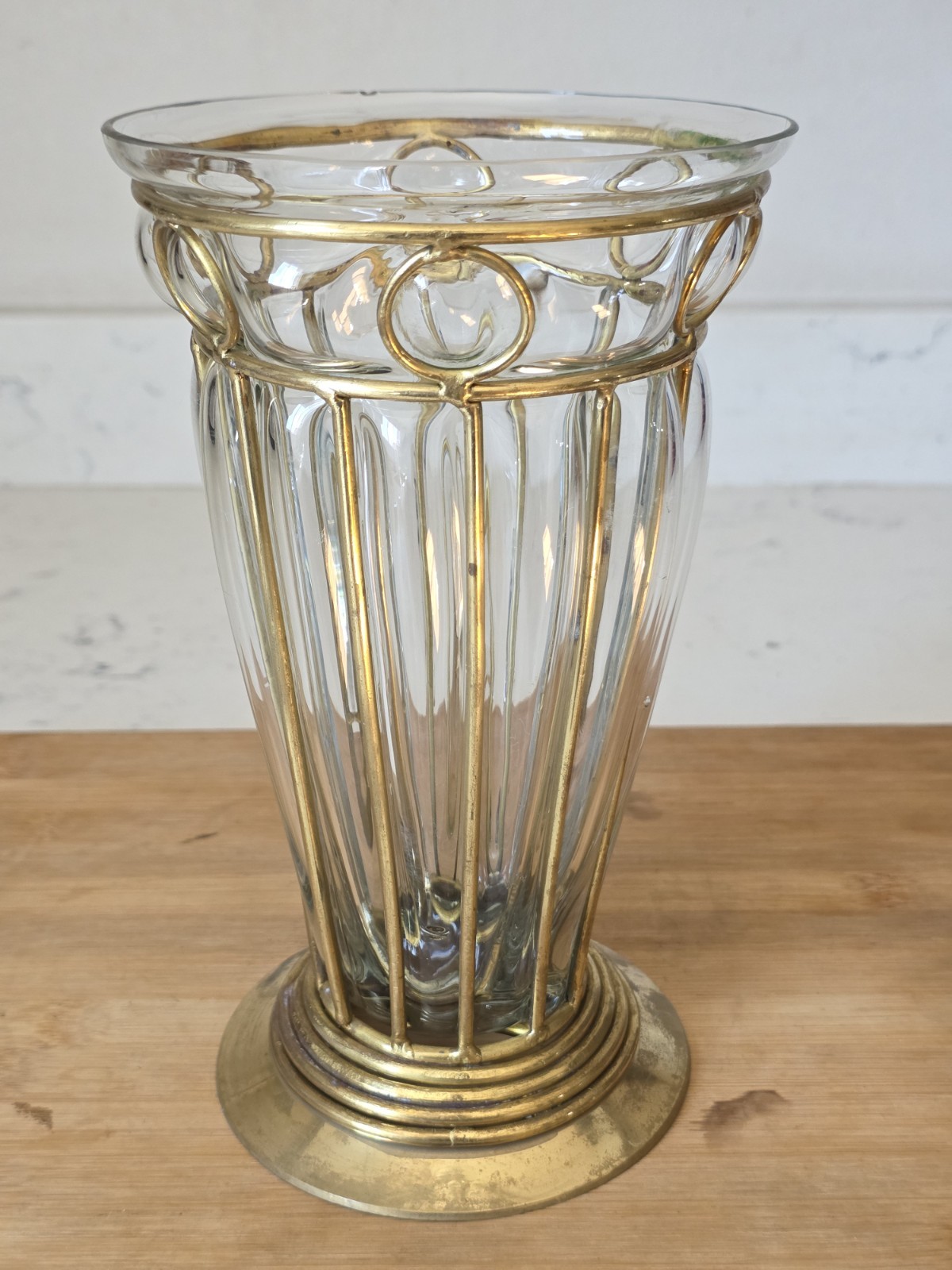 Vintage Brass Encased Caged Bubble Glass Vase Reliefed Sections Art Deco 8.5\