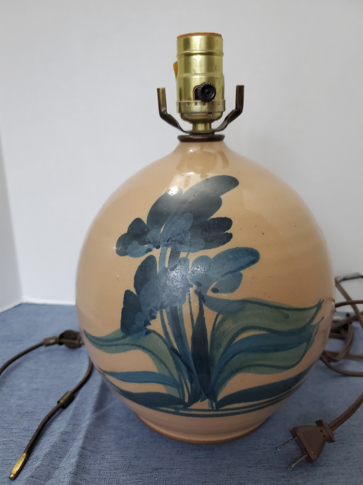 Vintage Studio Pottery Table Lamp Blue Floral Stoneware Country Cottage 