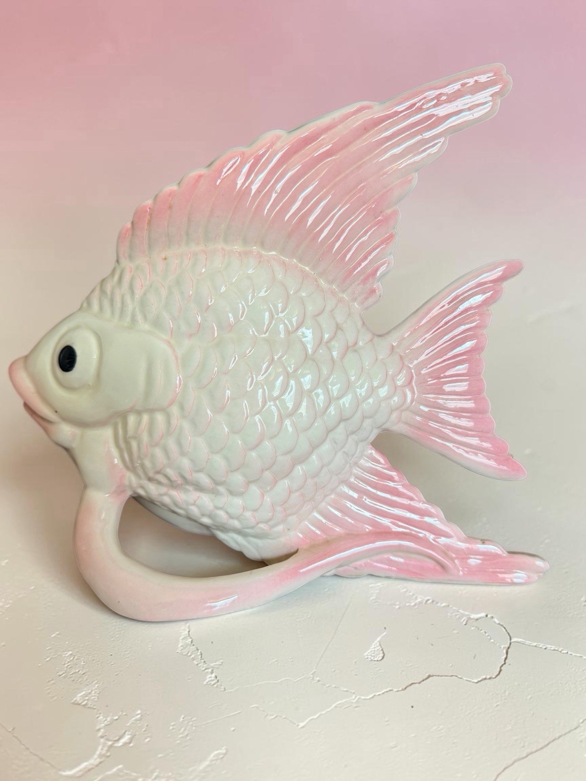 Vintage White & Pink Ceramic Fish Glazed Figurine Planter ~ 9” x 9 “  🐳