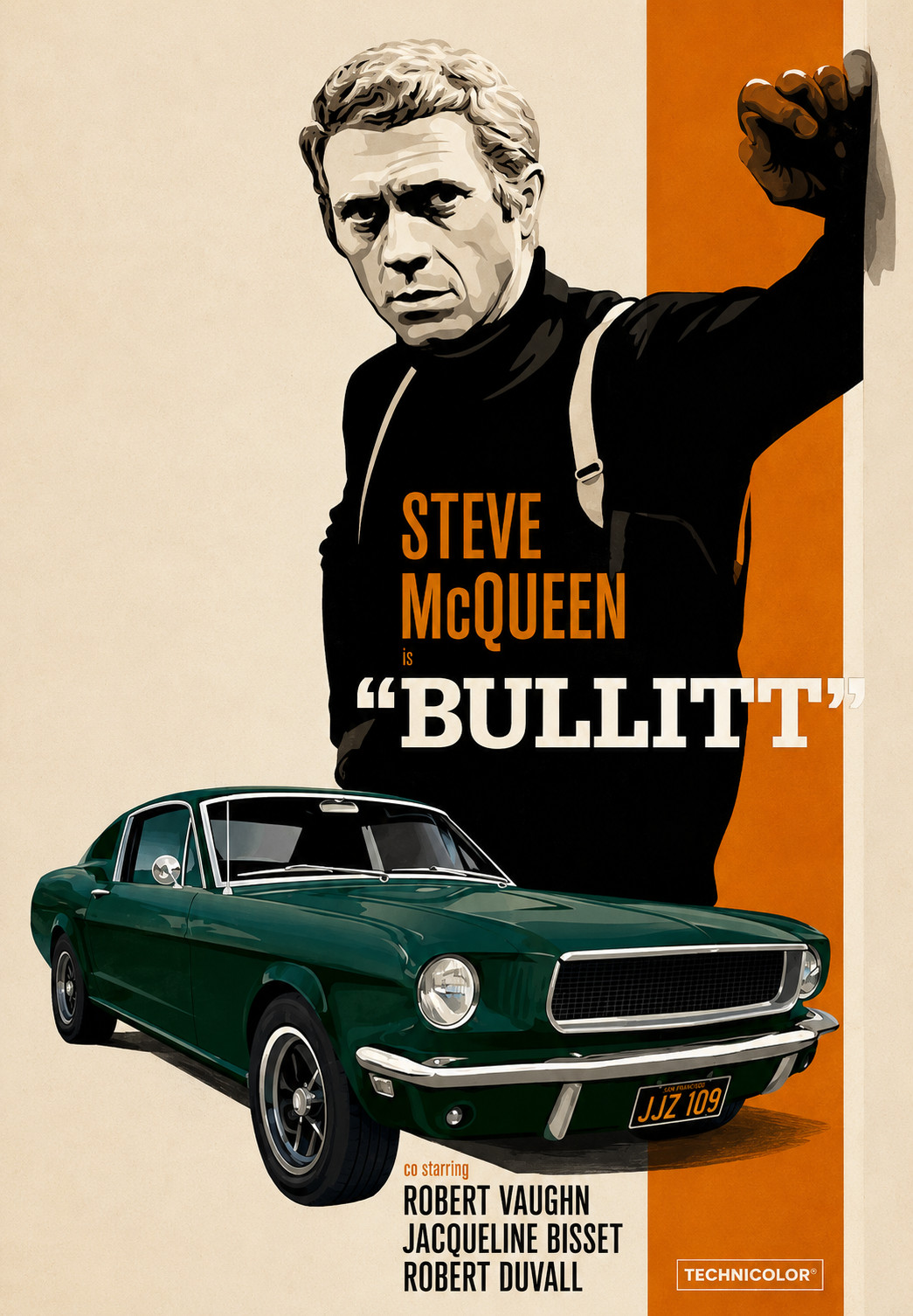 Steve McQueen Bullitt  – 1968 Ford Mustang Fastback  Movie Repro Print Poster