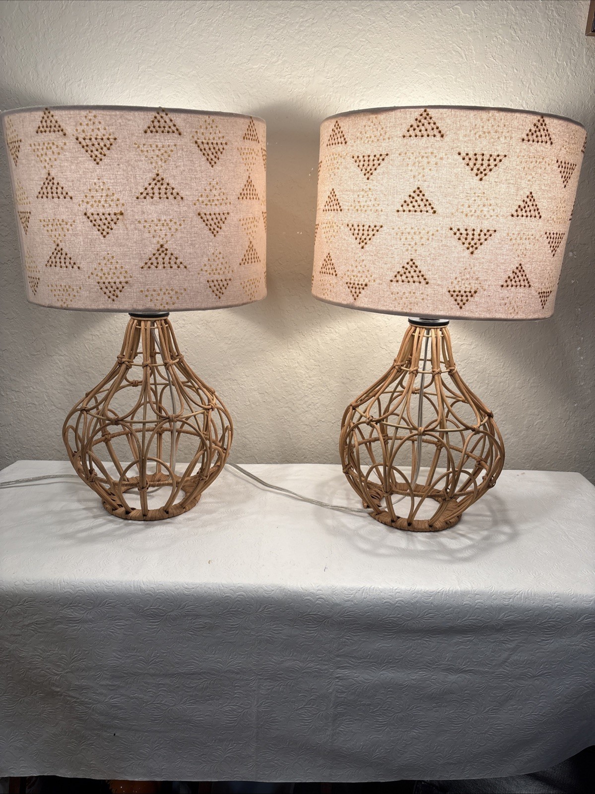 Pair Of Bohemian-Style Ratan Table Lamps With Geometric Pattern Shades. 20Hx12L Pair Of Bohemian-Style Ratan Table Lamps With Geometric Pattern Shades. 20Hx12L