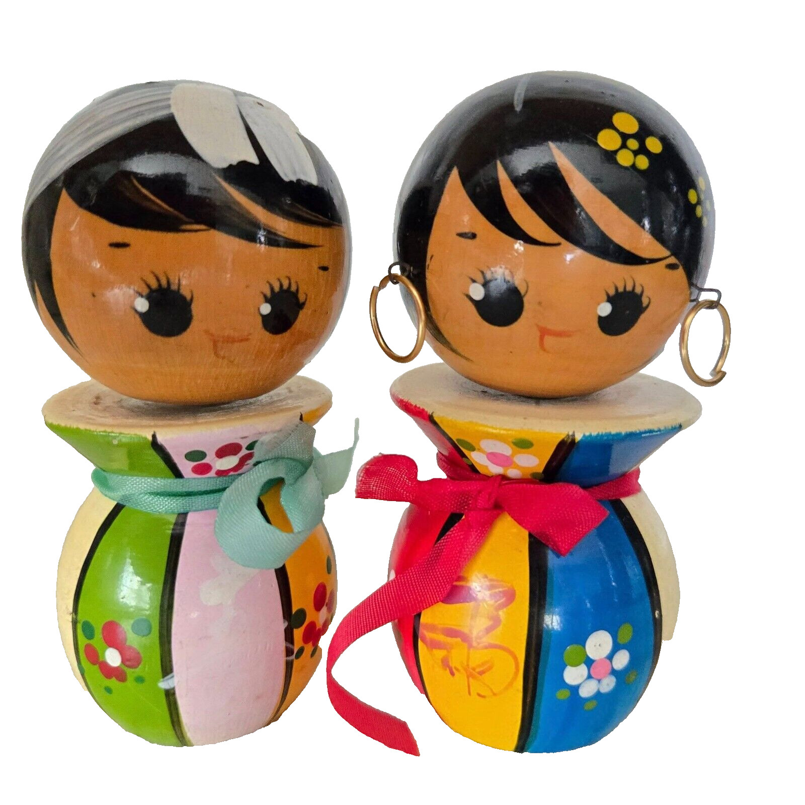 Japanese Kokeshi Wooden Bubble Head Dolls set of Two